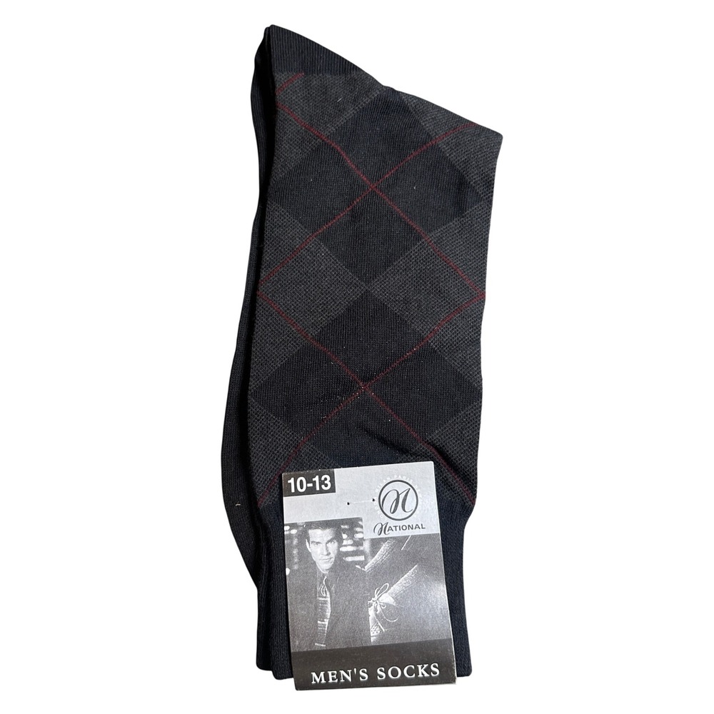 Vintage‎ National Argyle Dress Socks Mens 10-13 Black Charcoal NEW